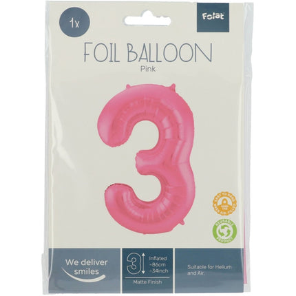 Folie Ballon Cijfer 3 Mat Roze XL 86cm leeg van Folat koop je bij Partywinkel