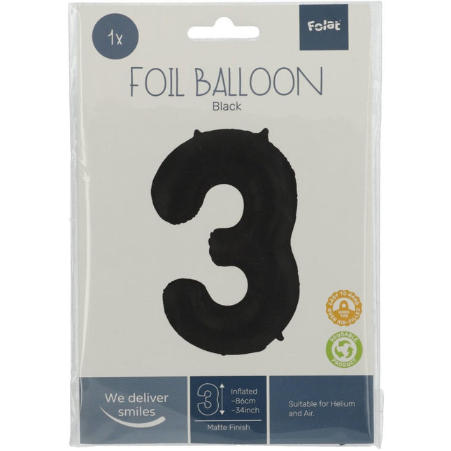 Folie Ballon Cijfer 3 Mat Zwart XL 86cm leeg van Folat koop je bij Partywinkel