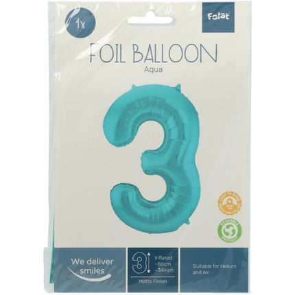 Folie Ballon Cijfer 3 Pastel Mintgroen XL 86cm leeg van Folat koop je bij Partywinkel