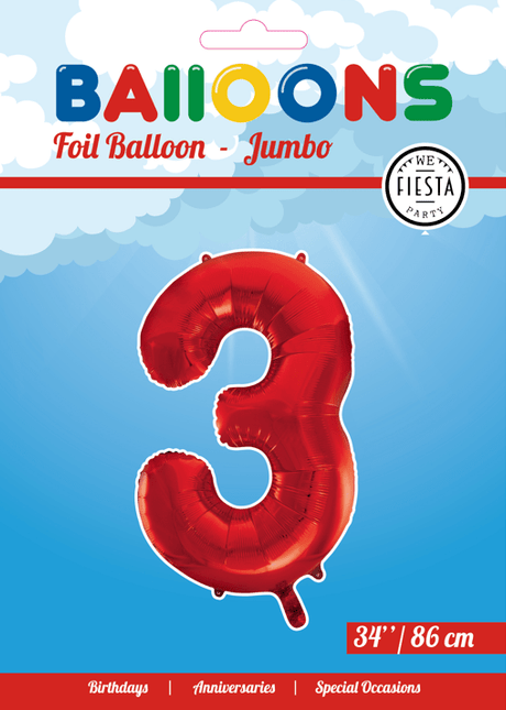 Folie Ballon Cijfer 3 Rood XL 86cm leeg van WeFiesta koop je bij Partywinkel