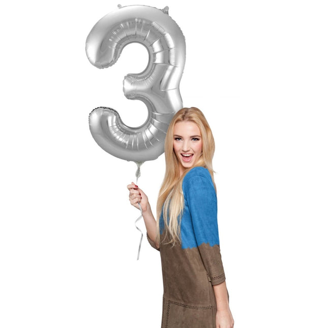 Folie Ballon Cijfer 3 Zilver Metallic XL 86cm leeg van Folat koop je bij Partywinkel