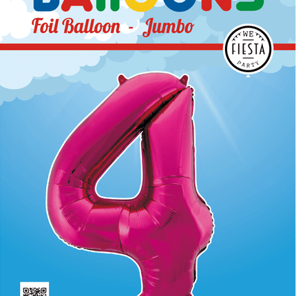 Folie Ballon Cijfer 4 Fuchsia XL 86cm leeg van WeFiesta koop je bij Partywinkel