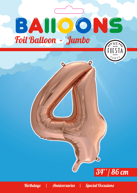 Folie Ballon Cijfer 4 Rose Goud XL 86cm leeg van WeFiesta koop je bij Partywinkel