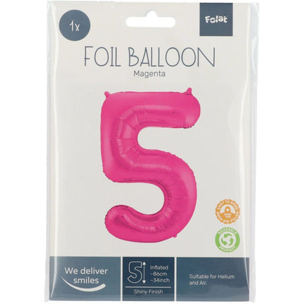 Folie Ballon Cijfer 5 Fuchsia Metallic XL 86cm leeg van Folat koop je bij Partywinkel