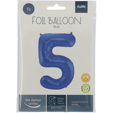 Folie Ballon Cijfer 5 Mat Blauw XL 86cm leeg van Folat koop je bij Partywinkel