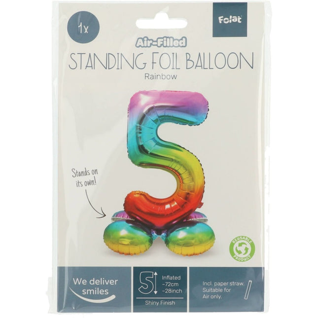 Folie Ballon Cijfer 5 Regenboog met standaard 72cm van Folat koop je bij Partywinkel