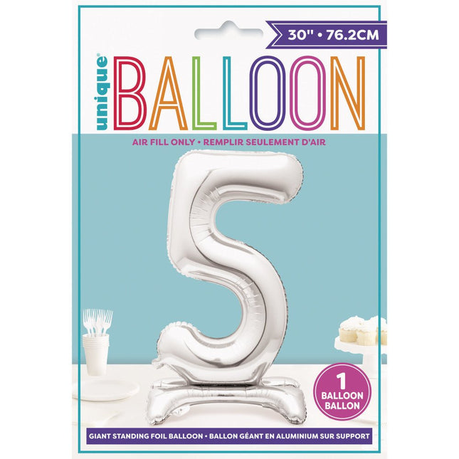 Folie Ballon Cijfer 5 Zilver Standaard 76cm van Unique koop je bij Partywinkel