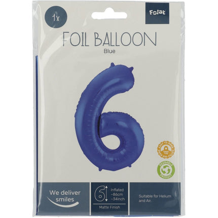 Folie Ballon Cijfer 6 Mat Blauw XL 86cm leeg van Folat koop je bij Partywinkel