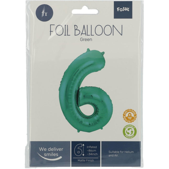 Folie Ballon Cijfer 6 Mat Groen XL 86cm leeg van Folat koop je bij Partywinkel