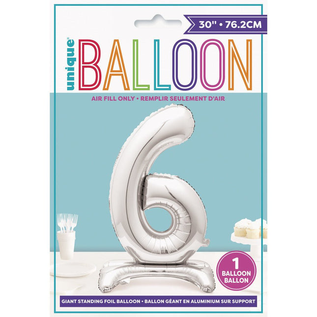 Folie Ballon Cijfer 6 Zilver Standaard 76cm van Unique koop je bij Partywinkel
