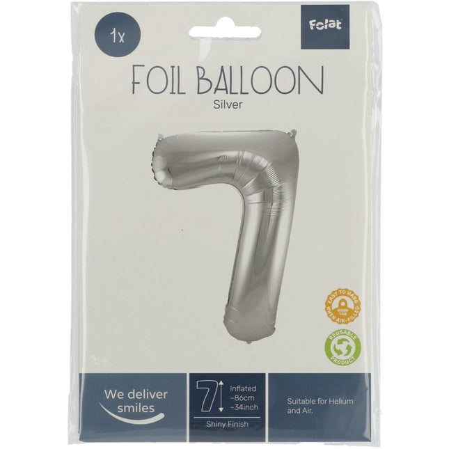 Folie Ballon Cijfer 7 Zilver Metallic XL 86cm leeg van Folat koop je bij Partywinkel