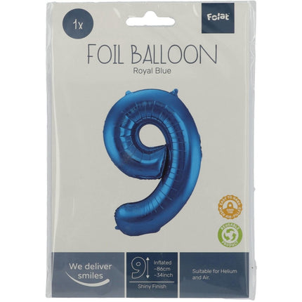 Folie Ballon Cijfer 9 Blauw Metallic XL 86cm leeg van Folat koop je bij Partywinkel