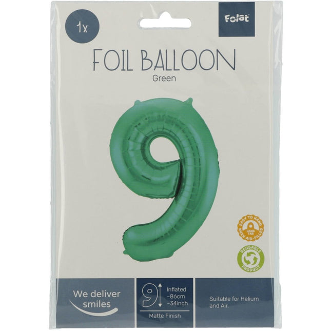 Folie Ballon Cijfer 9 Mat Groen XL 86cm leeg van Folat koop je bij Partywinkel