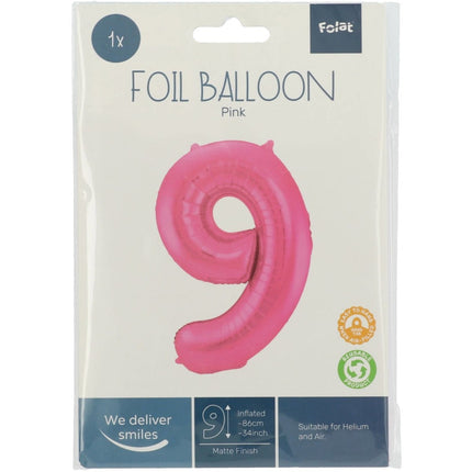 Folie Ballon Cijfer 9 Mat Roze XL 86cm leeg van Folat koop je bij Partywinkel
