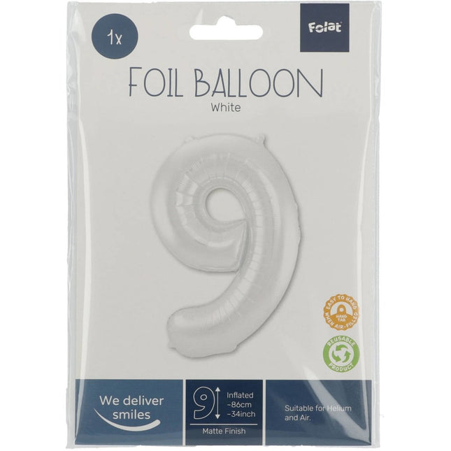Folie Ballon Cijfer 9 Mat Wit XL 86cm leeg van Folat koop je bij Partywinkel
