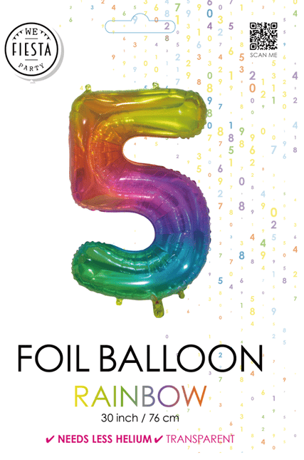 Folieballon Cijfer 5 Regenboog Transparant 66cm van WeFiesta koop je bij Partywinkel