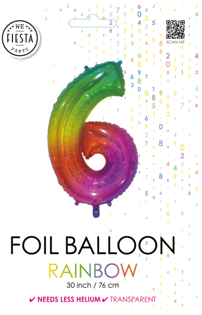 Folieballon Cijfer 6 Regenboog Transparant 66cm van WeFiesta koop je bij Partywinkel
