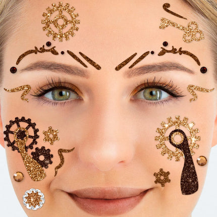 Bruine Nep Tattoos Gezicht Glitter Steampunk Brass
