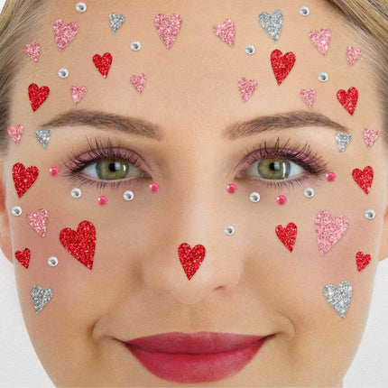 Rood Roze Nep Tattoos Gezicht Glitter Hartjes