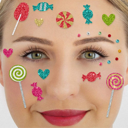 Gekleurde Nep Tattoos Gezicht Glitter Snoepjes 21st