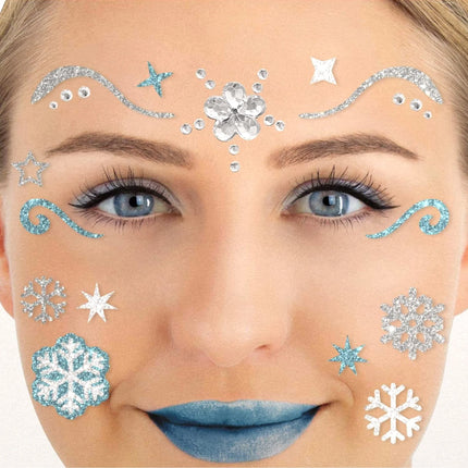 Blauw Zilveren Nep Tattoos Gezicht Glitter Ijsprinses