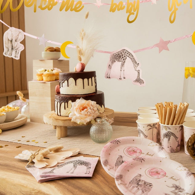 Geboorte Borden Roze Safari 18cm 8st van Haza Witbaard koop je bij Partywinkel