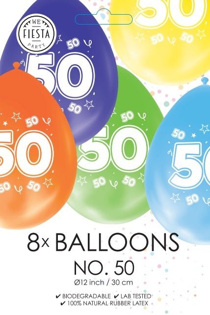 Gekleurde Ballonnen 50 Jaar 30cm 8st van WeFiesta koop je bij Partywinkel