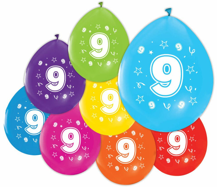 Gekleurde Ballonnen 9 Jaar 30cm 8st van WeFiesta koop je bij Partywinkel