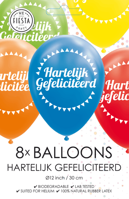 Gekleurde Ballonnen Hartelijk Gefeliciteerd 30,5cm 8st van WeFiesta koop je bij Partywinkel