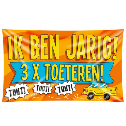Gevelvlag Ik Ben Jarig 3x Toeteren! 1,5m van Paper Dreams koop je bij Partywinkel