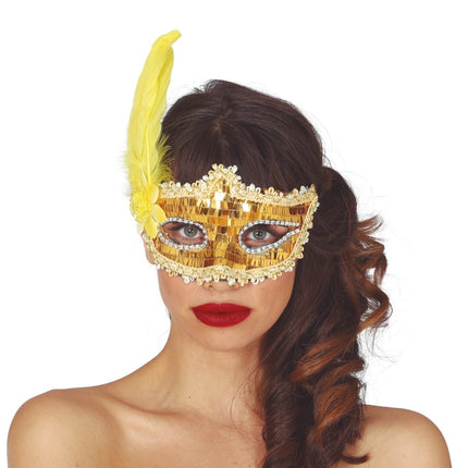 Goud Masker Veren van Fiestas Guirca koop je bij Partywinkel