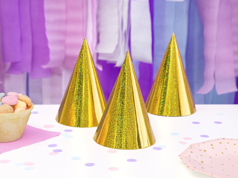 Gouden Feesthoedjes Holografisch 16cm 6st van Partydeco koop je bij Partywinkel