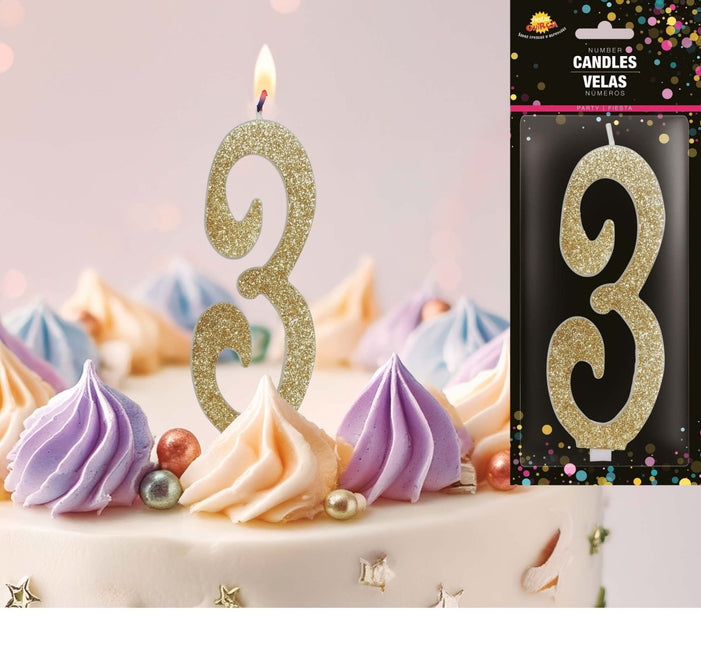 Gouden Kaars 3 Jaar Glitter 12,5cm van Fiestas Guirca koop je bij Partywinkel