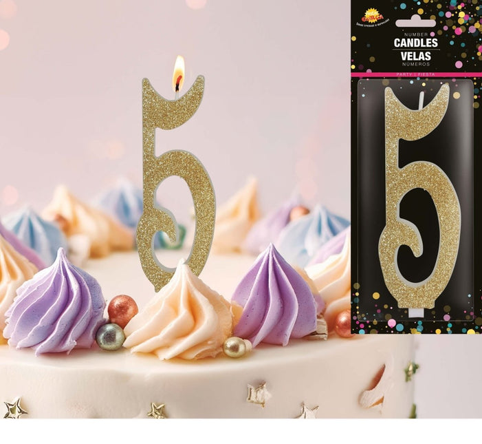 Gouden Kaars 5 Jaar Glitter 12,5cm van Fiestas Guirca koop je bij Partywinkel
