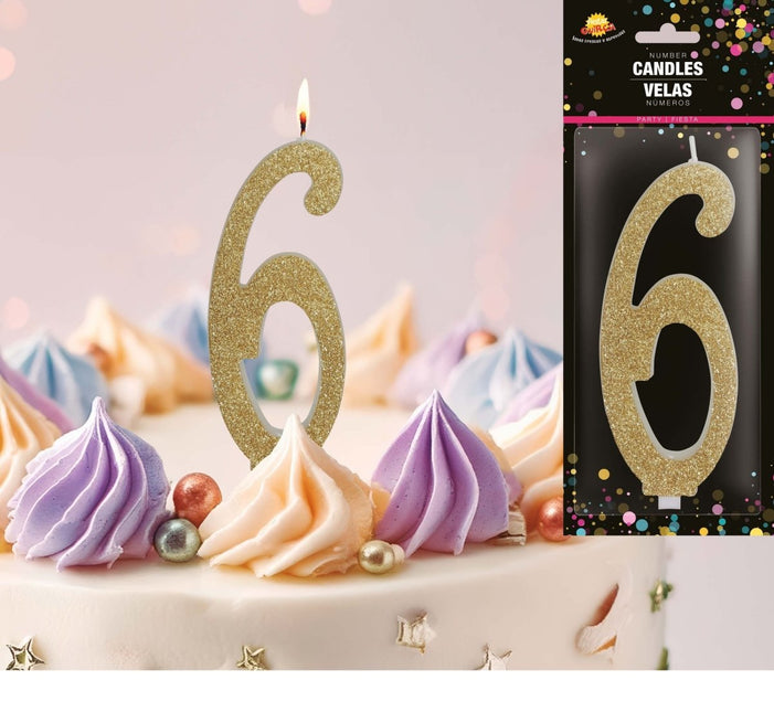 Gouden Kaars 6 Jaar Glitter 12,5cm van Fiestas Guirca koop je bij Partywinkel