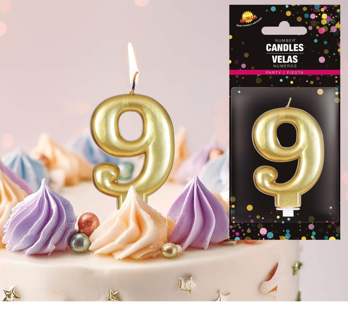 Gouden Kaars 9 Jaar Metallic 8cm van Fiestas Guirca koop je bij Partywinkel