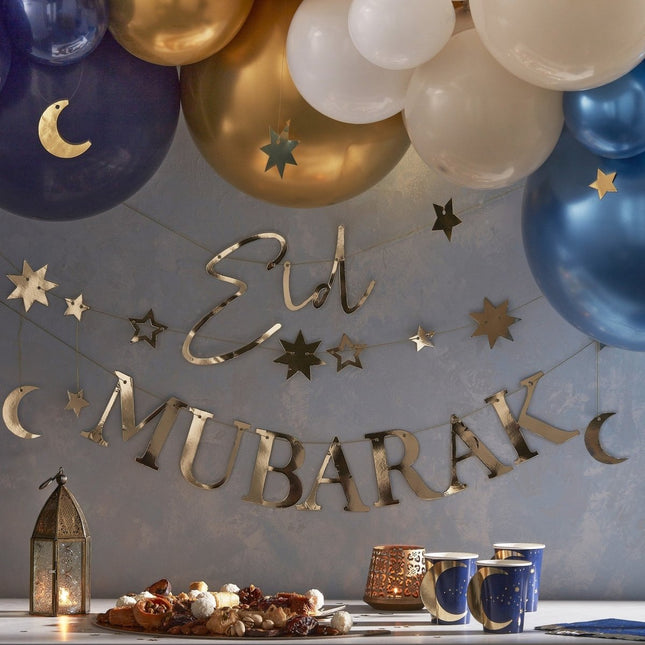 Gouden Ramadan Letterslinger Eid Mubarak 1,5m 3st van Ginger Ray koop je bij Partywinkel