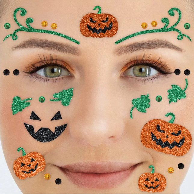 Groen Oranje Nep Tattoos Gezicht Glitter Pompoen van VDV Benefit koop je bij Partywinkel