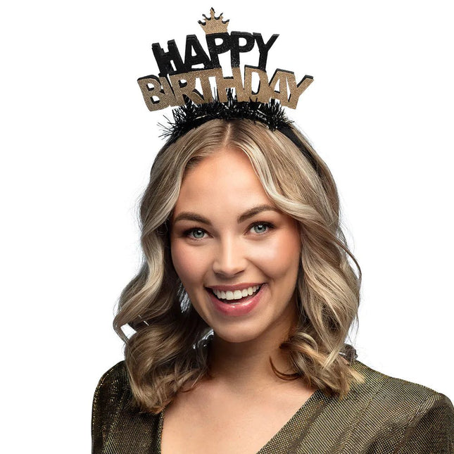 Haarband Happy Birthday Goud/Zwart van Boland koop je bij Partywinkel