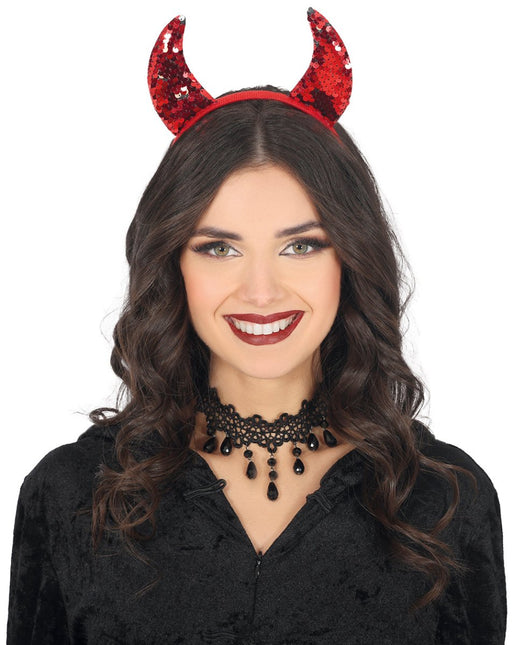 Halloween Haarband Rood Duivel Met Pailletten van Fiestas Guirca koop je bij Partywinkel