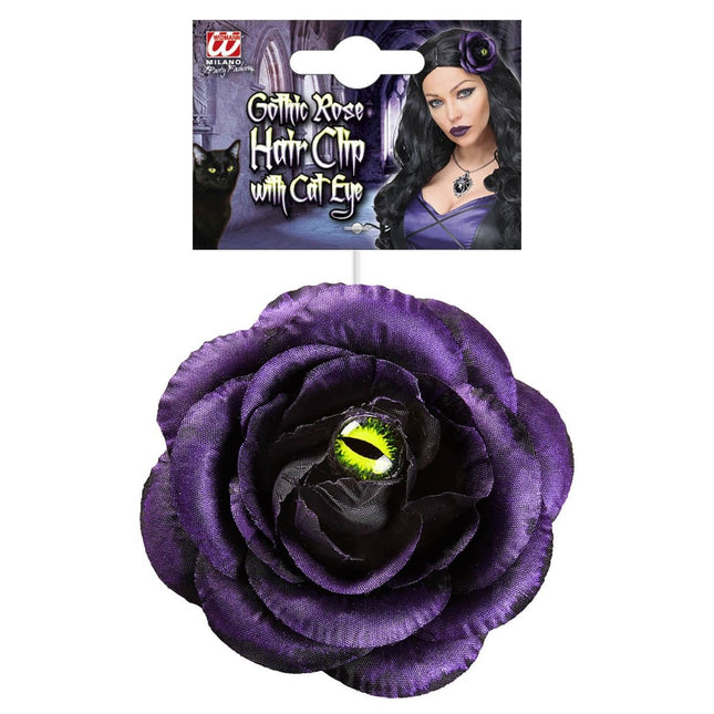 Halloween Haarclip Paars Roos Met Kattenoog van Widmann koop je bij Partywinkel