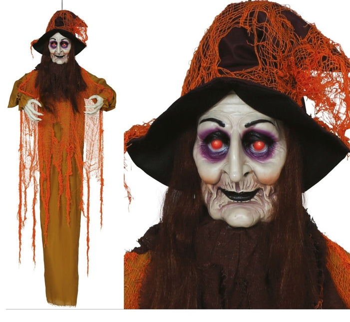 Halloween Pop Heks Met Licht, Geluid En Beweging Oranje 1,8m van Fiestas Guirca koop je bij Partywinkel