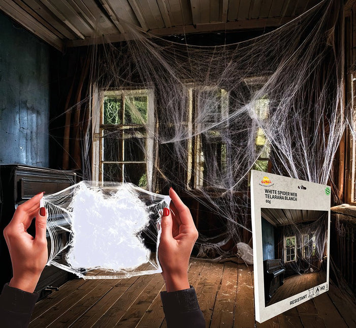 Halloween Hangdecoratie Wit Spinnenweb 60gr van Fiestas Guirca koop je bij Partywinkel