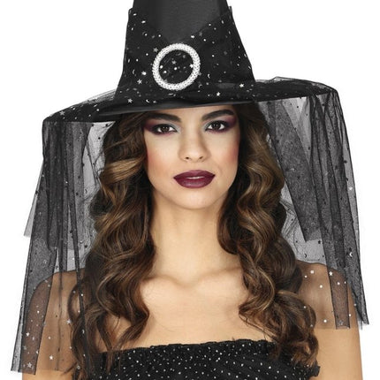 Halloween Heksenhoed Met Sluier En Sterren van Fiestas Guirca koop je bij Partywinkel