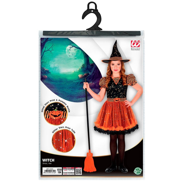 Halloween Jurk Zwart Oranje Meisje Heks van Widmann koop je bij Partywinkel