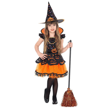 Halloween Kostuum Zwart Oranje Meisje Heks van Widmann koop je bij Partywinkel