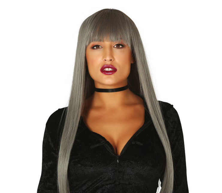Halloween Pruik Lang Haar Pony Grijs van Fiestas Guirca koop je bij Partywinkel