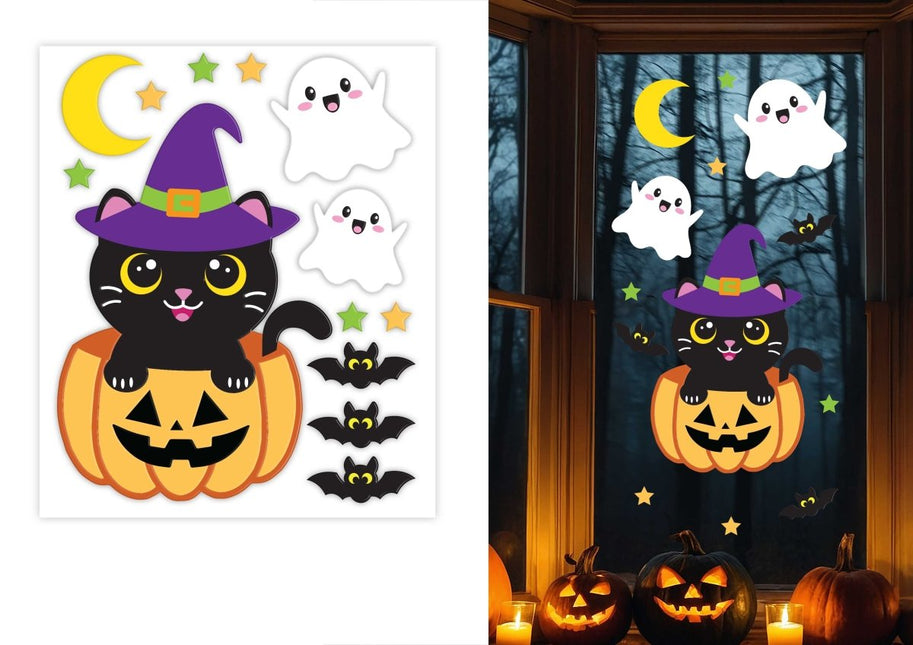 Halloween Raamdecoratie Kat Met Pompoen 50cm van Fiestas Guirca koop je bij Partywinkel