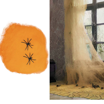 Halloween Spinnenweb Oranje Met Spinnen 100gr van Fiestas Guirca koop je bij Partywinkel