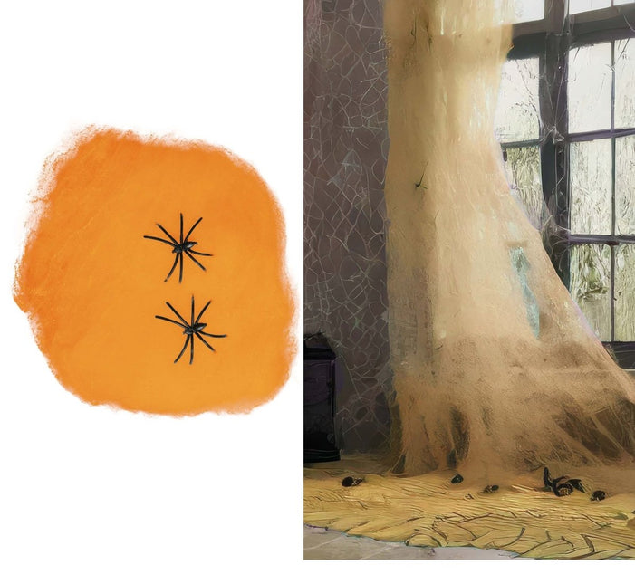 Halloween Spinnenweb Oranje Met Spinnen 100gr van Fiestas Guirca koop je bij Partywinkel
